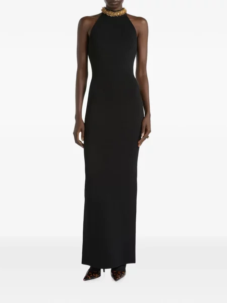 Lung rochie Balmain cu broderie din jerseu negru