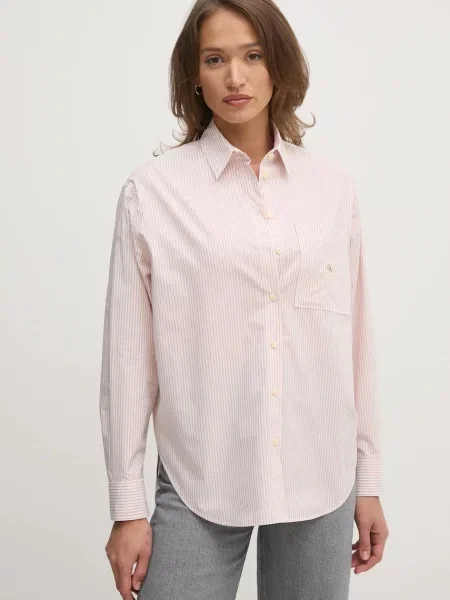 Риза Calvin Klein Jeans дамска със свободна кройка с класическа яка червено