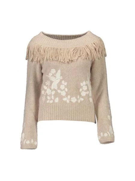 Sweter Blugirl wełniany z dekoltem w serek beżowy