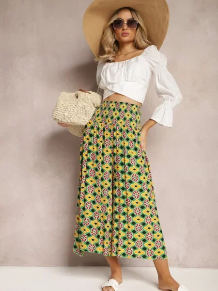 Żółto-Zielone Szerokie Spodnie Culottes z Bawełnianej Tkaniny w Mozaikowy Wzór Miratte żółte