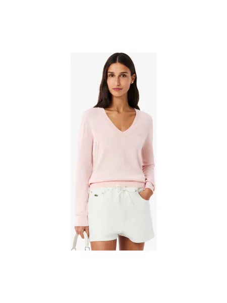 Sweter Lacoste z dekoltem w serek różowy