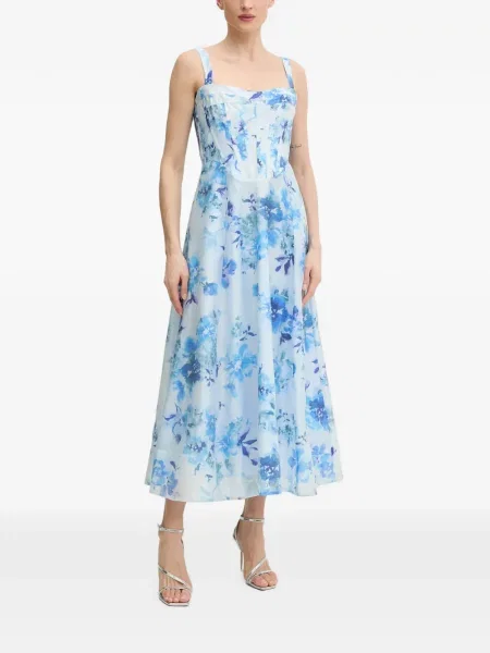 Rochie midi Bardot cu model floral cu imagine albastru