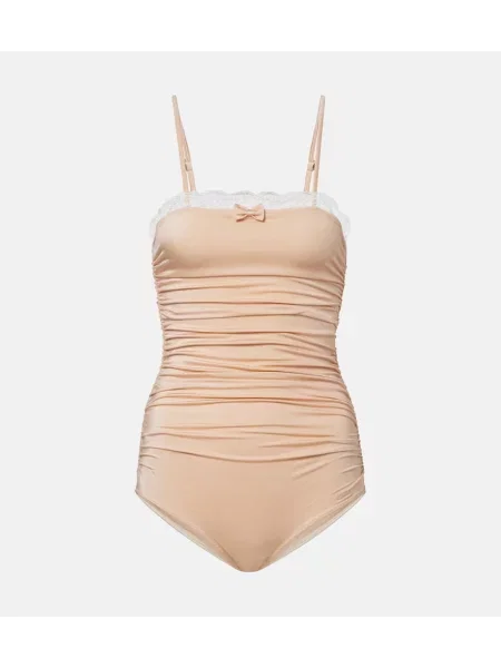 Body Chloé cu volane din dantelă roz