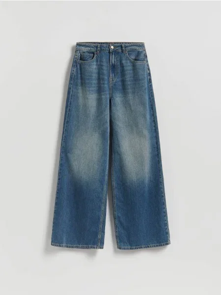 Reserved Jeansy wide leg z przetarciami indigo jeans