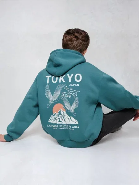 Sinsay Bluza hoodie z nadrukiem ciemny turkus