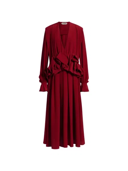Rochie midi Alberta Ferretti cu decolteu în V cu volane roșu