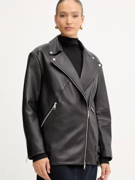 BOSS geacă ramones de piele de tranziție oversize negru