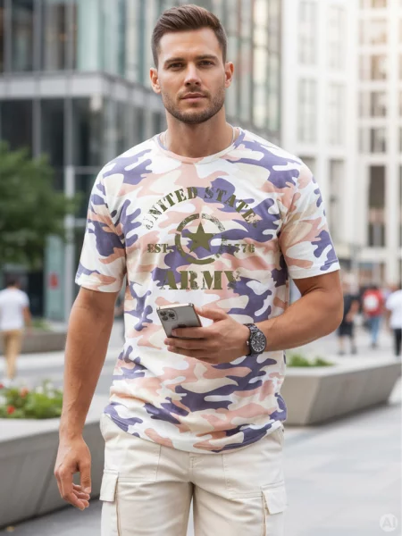 T-shirt z nadrukiem moro Dstreet beżowy