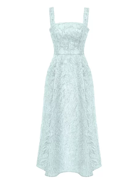 Sukienka midi Post Meridiem w piórka do kolan z gorsetem niebieska