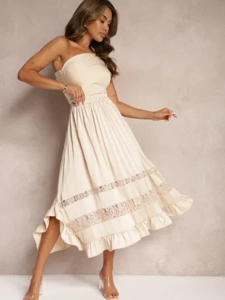 Asimetrică Fustă Pliuri Talie Înaltă cu în Talie și Inserții Dantelă Reslifa bej