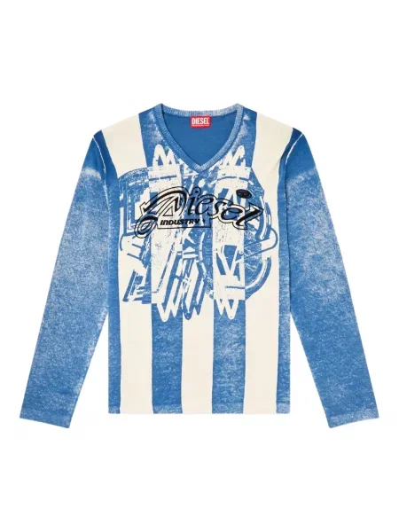 Pulover Diesel cu dungi cu imagine cu decolteu în V albastru