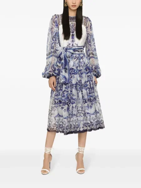 Hedvábné midi šaty Dolce & Gabbana s potiskem po kolena modré