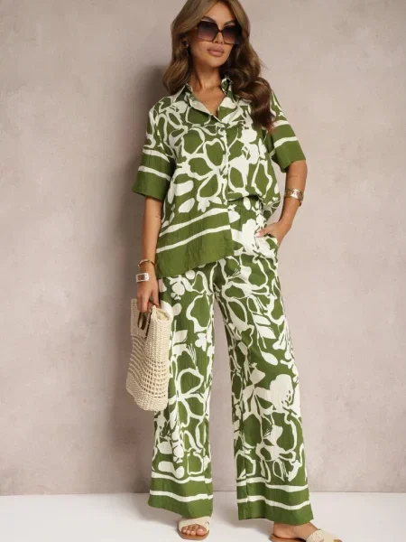 Set de Vară Verde-Bej Cămașă Largă cu Mânecă Scurtă Pantaloni Largi cu în Talie Vikiimina bej