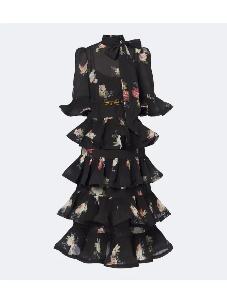 Rochie midi Zimmermann cu model floral cu volane negru
