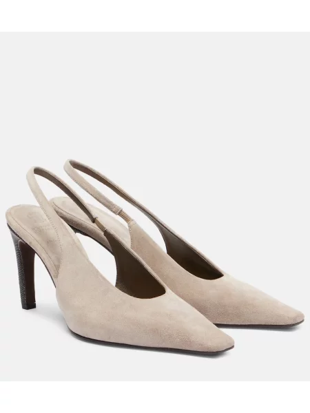 Pantofi cu toc Brunello Cucinelli din piele de căprioară slingback gri