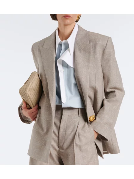Vlnené kockované dvojradové sako Bottega Veneta sivá