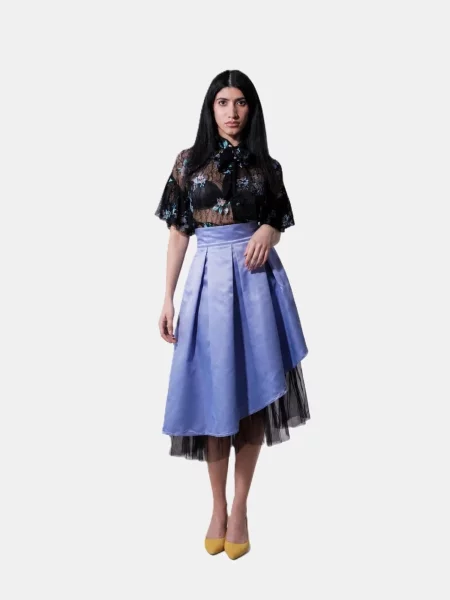 BIBI SAKALIEVA Fustă Lavender Pleated Asymmetrical Satin Taffeta Midi Skirt with Tulle mov lavandă