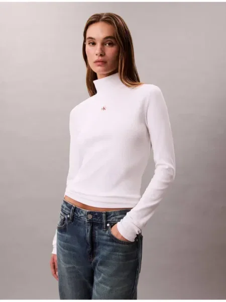 Bluză Calvin Klein Jeans cu guler înalt alb