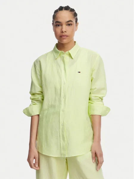 Tommy Jeans košulja ženska s lanom zelena