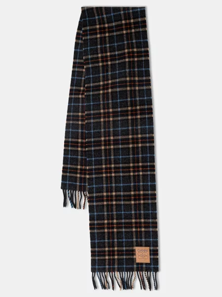 GANNI szalik wełniany Double Face Wool Check szary wzorzysty czarna