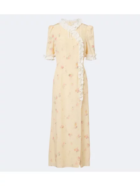 Rochie midi Alessandra Rich de mătase cu model floral cu volane galben