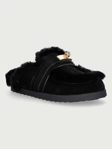 Nokwol papuci de casă pentru femei din piele Toby Black Suede Shearling negru