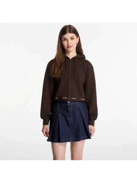 Mikina Calvin Klein Jeans Ls Terry Logo Waist Cropped Fz Hoodie Dark Coffee M hnědé