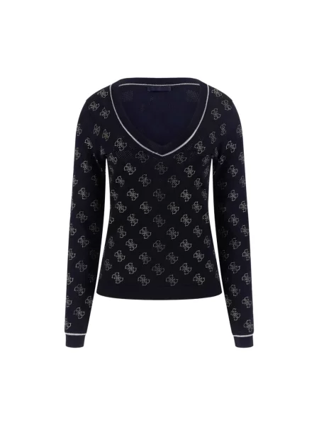 Lekki sweter Guess z dekoltem w serek z dżerseju niebieski