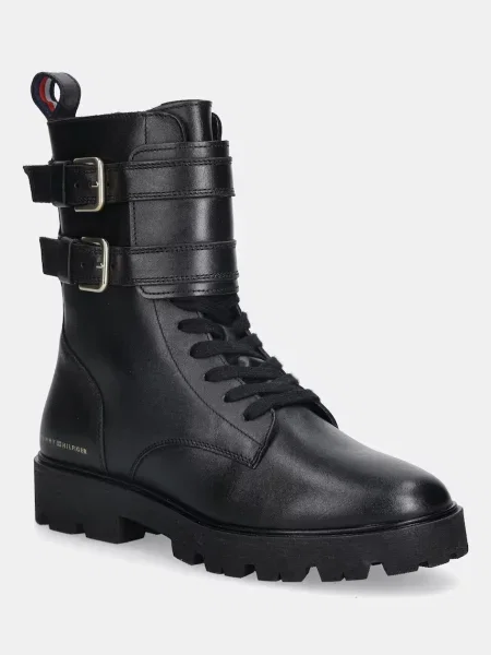 Tommy Hilfiger botine de piele TH LTHR BIKER LACEUP negru