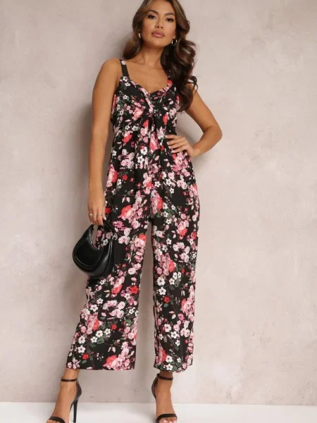 Salopetă cu Picior Larg și Fundă la Decolteu Gloryhallo neagră