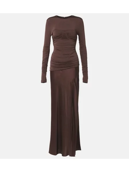 Rochie maxi Sir din satin drapată de costum maro