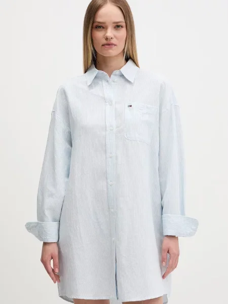 Tommy Jeans rochie tip cămașă cu in albastru