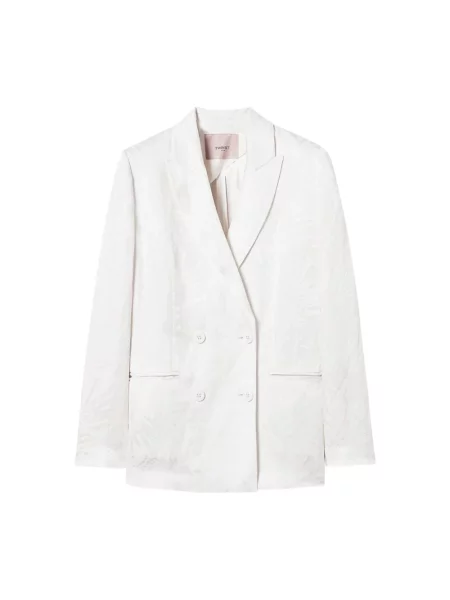 Twinset marynarka z domieszką lnu beżowy dwurzędowa wzorzysta biała