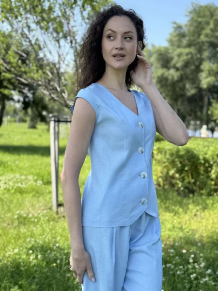 Лляний Жилет класичний CAT ORANGE блакитний помаранчевий