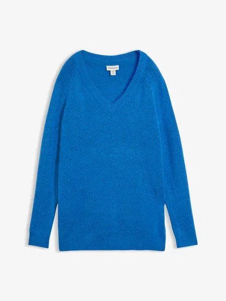 Sweter dzianinowy z dekoltem w serek Oversized Fit niebieski