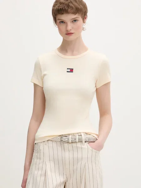 Tommy Jeans majica za žene od pamuka s elastanom bež