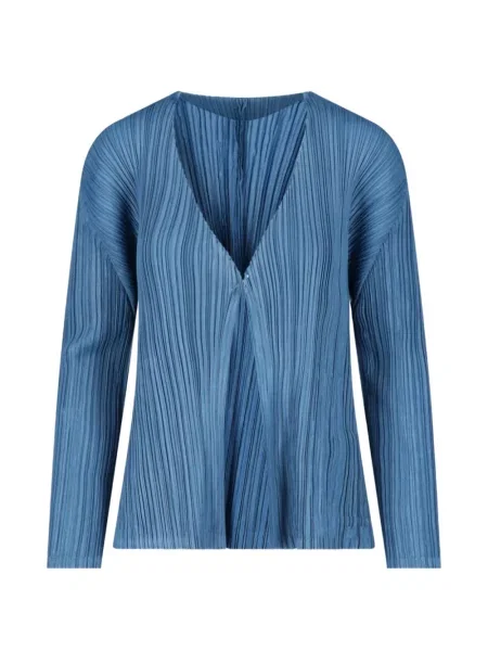 Top Pleats Please Issey Miyake cu decolteu în V albastru