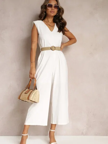 Salopetă Lungă cu Decolteu Triunghiular și Decorativă cu Cataramă Malkah albă