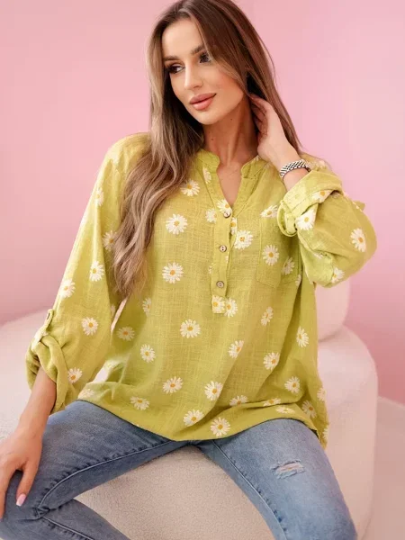 Lanena bluza Kesi Włoski s cvetličnim vzorcem z dolgimi rokavi