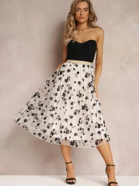 Jasnobeżowa Spódnica Midi Tiulowa z Welurowymi Kwiatami i Gumką w Talii Zihrosa beżowa