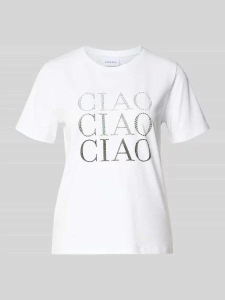 T-shirt z nadrukiem i obszyciem z ozdobnych kamieni Comma biała
