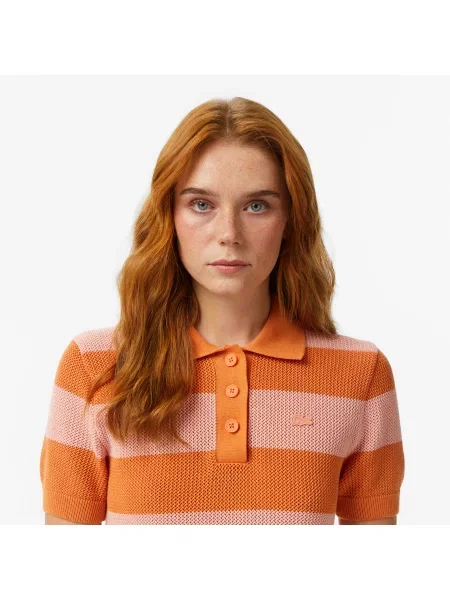 Lacoste Bluzka Z Kołnierzykiem Polo Z Krótkim Rękawem W Paski Regular Fit pomarańczowa
