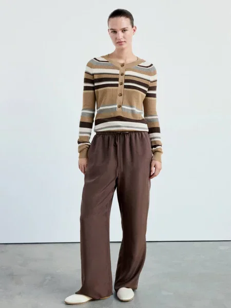 Ściągaczowy sweter w pasy Kobieta L MANGO brązowy
