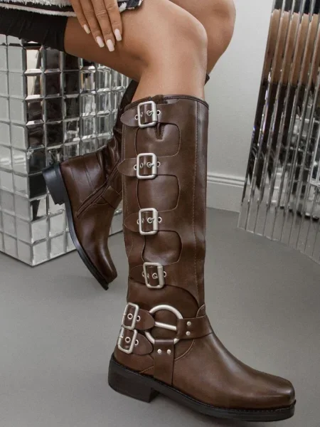 Cizme Biker cu Catarame Decorative și Vârf Pătrat Vivao maro