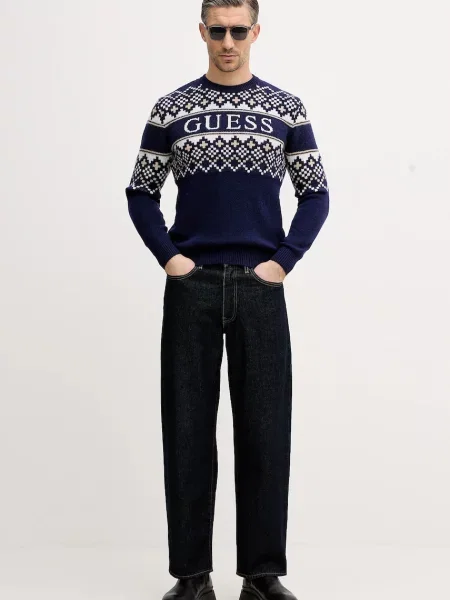 Guess sweter z domieszką wełny granatowy