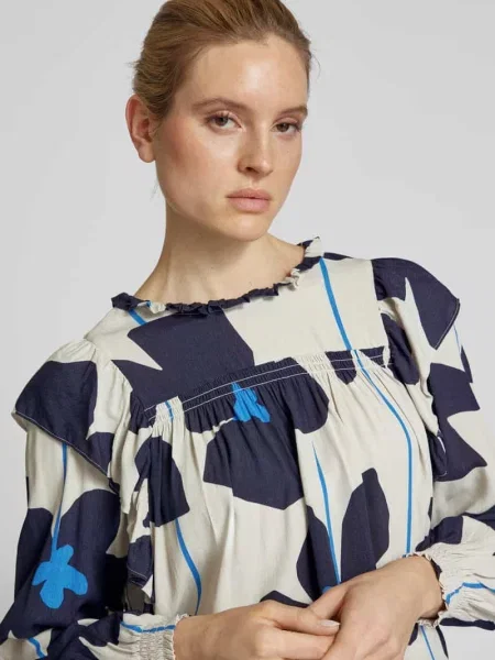Bluzka o kroju relaxed fit z bufiastymi rękawami Oui granatowa