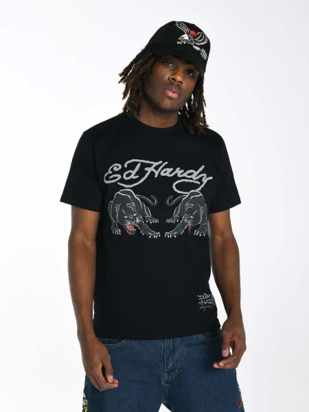 Ed Hardy Majica Doppel-Panther svetlo modra / siva črna