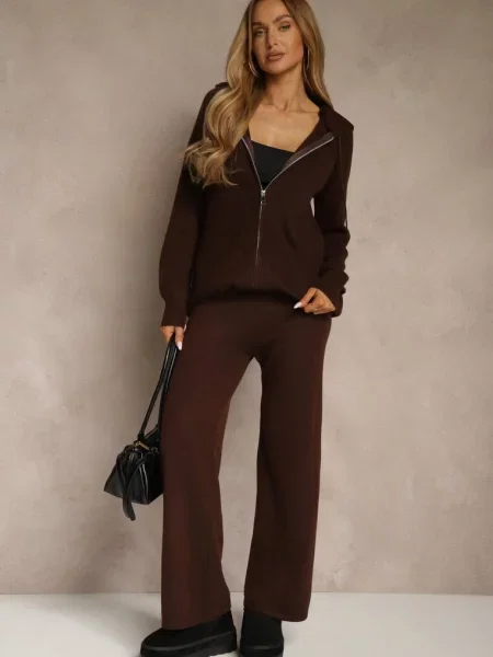 Komplet z Wełną i Bawełną Rozpinana Bluza z Kapturem i Szerokie Spodnie Reisema brązowy