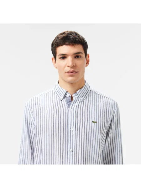 Lacoste Lniana Koszula W Paski Regular Fit Ciemnoniebieska niebieski