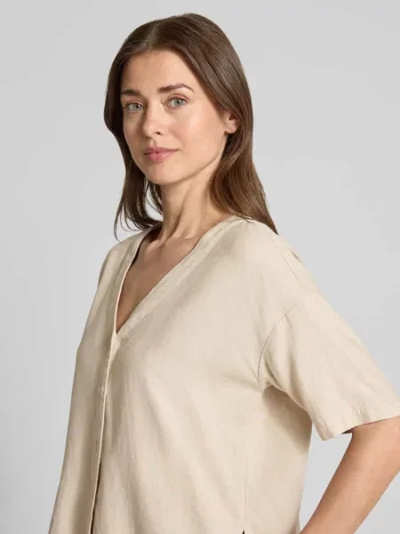 Bluzka koszulowa o pudełkowym kroju z mieszanki i lnu model MYMILO' Vero Moda beżowa